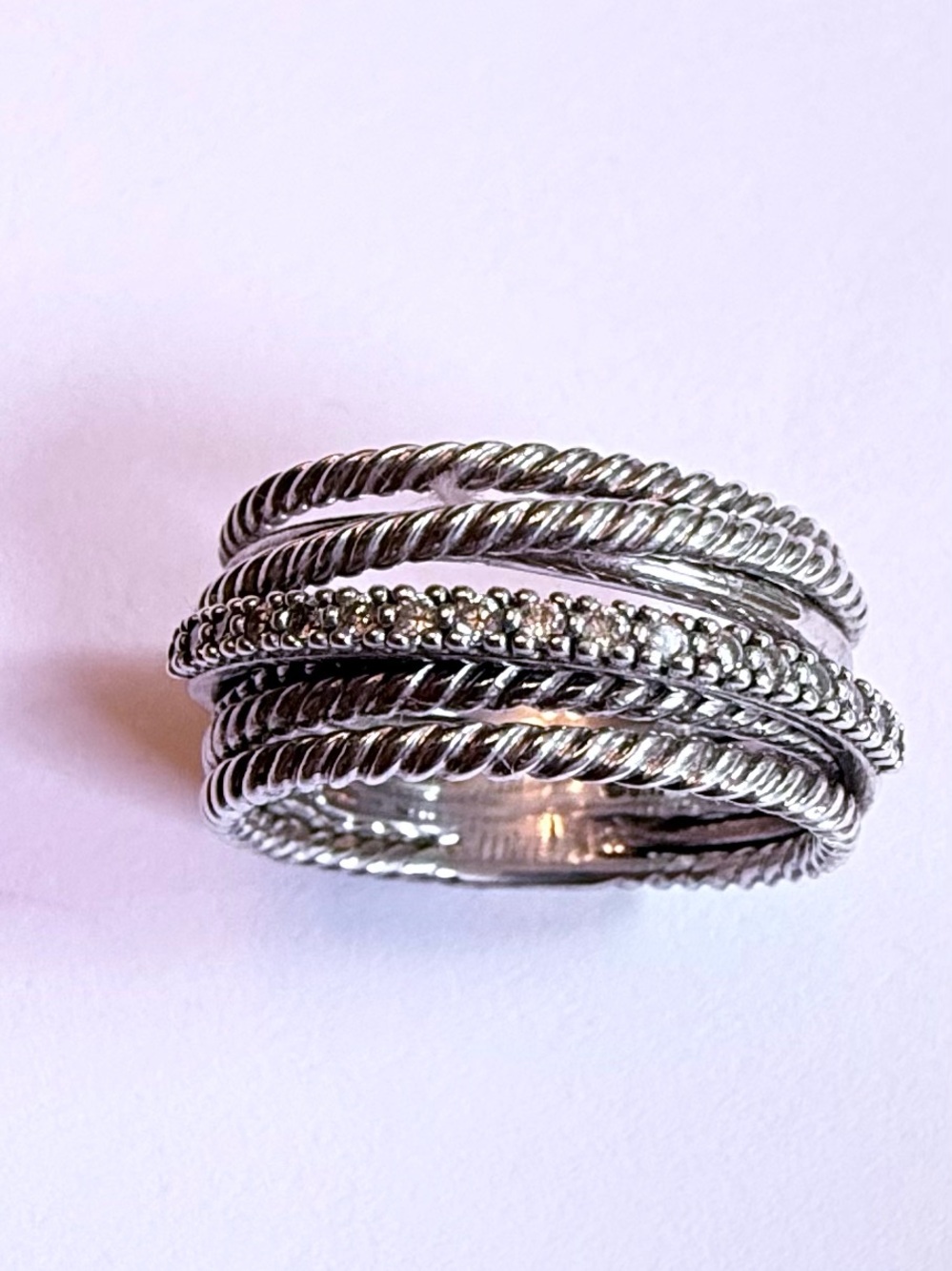 David Yurman Sterling Silver Crossover Cable Ring with Pavé Diamonds 925 Size8.5